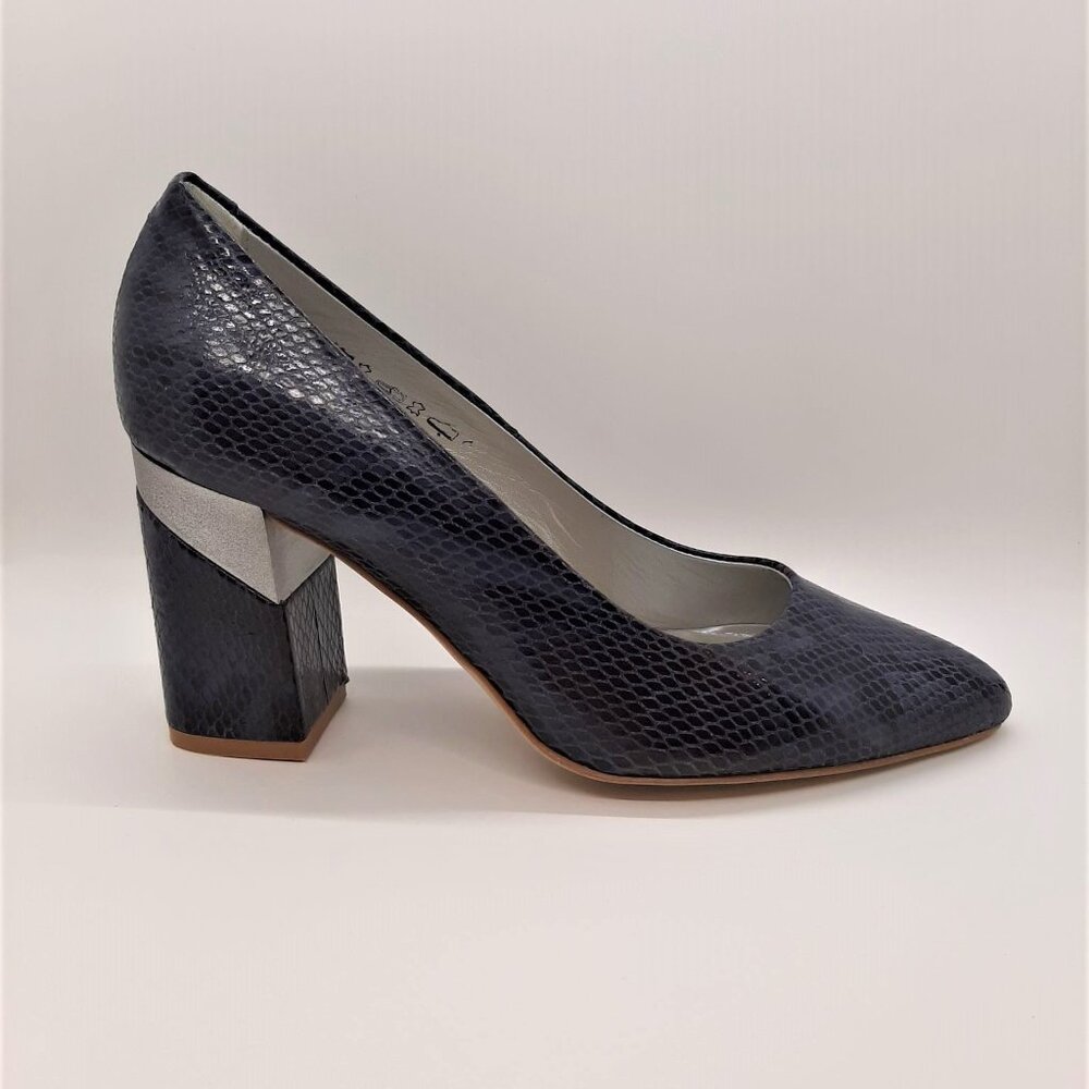 Blue Leather Snake Print Platform Closed Toe Heels